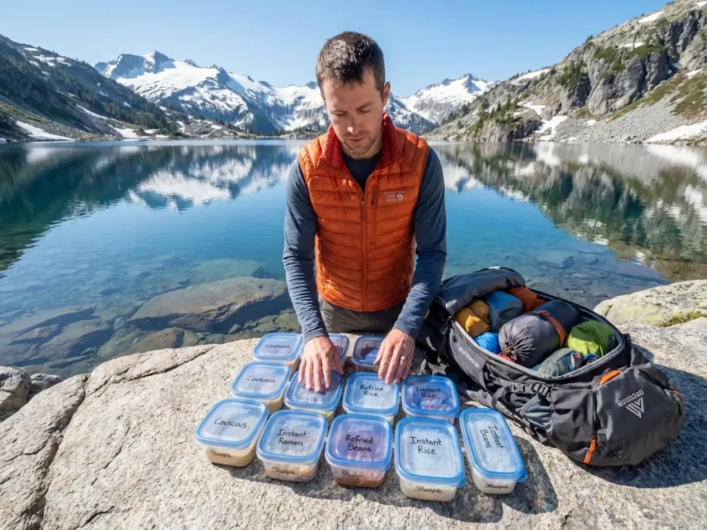 Organized cold soak ingredient system with labeled containers for backpacking meal preparation