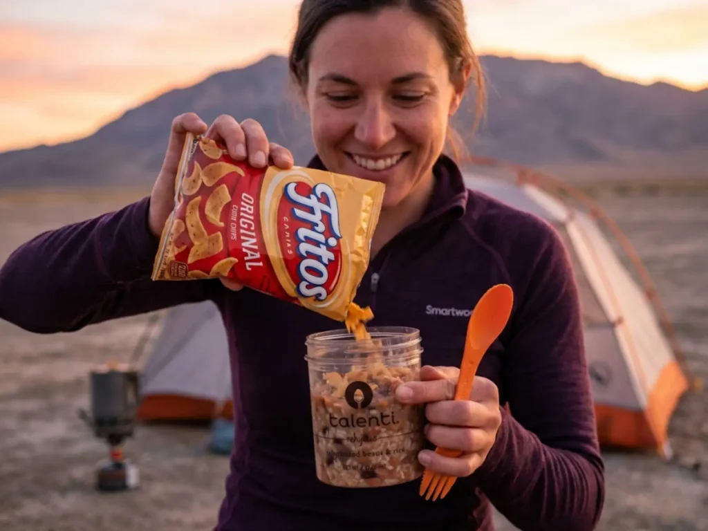 Hiker adding Fritos chips to cold-soaked beans and rice for texture contrast at campsite