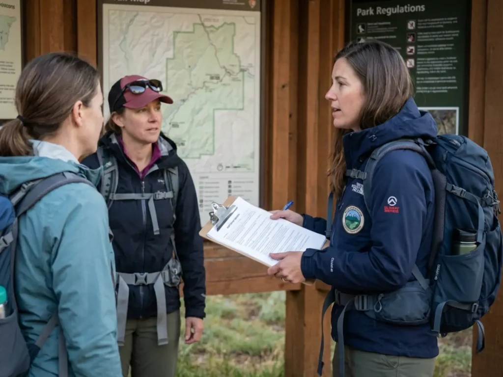 Professional hiking guide reviewing safety waivers with group at national park trailhead
