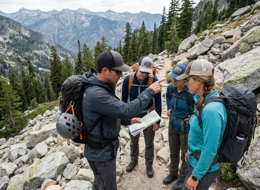 Mountain guide briefing hiking group with CalTopo map on rocky alpine trail