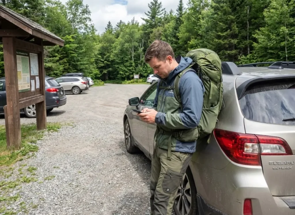 Hiker rushing to share last-minute trip plan at trailhead demonstrating common planning mistake