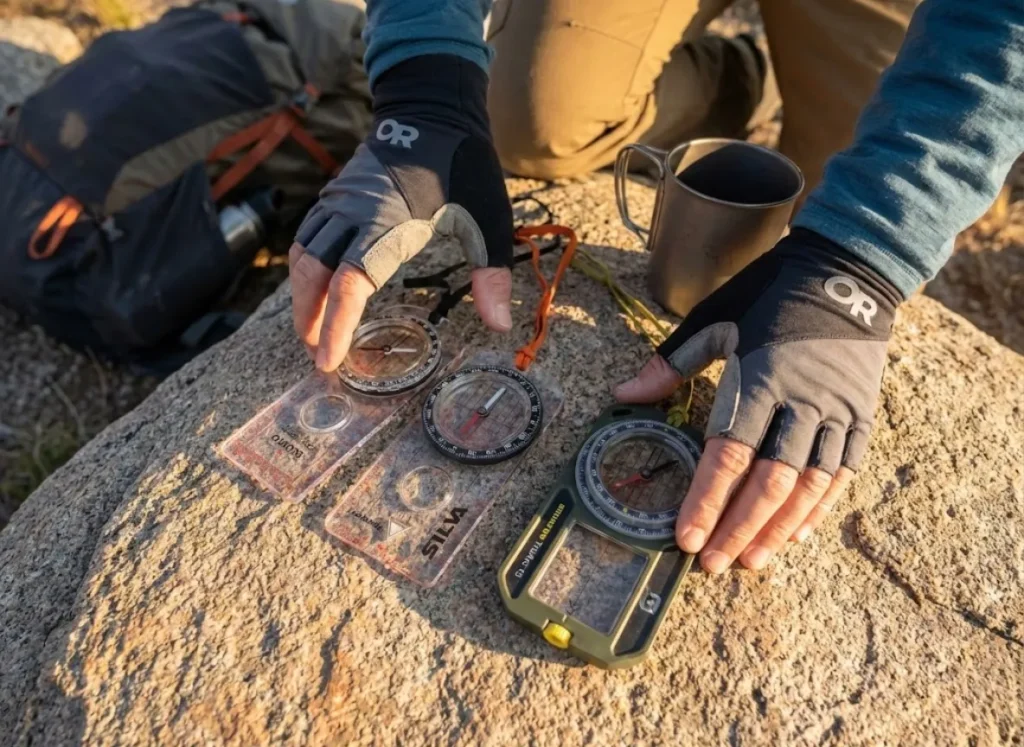 Suunto Silva Brunton compasses compared on rock at wilderness camp