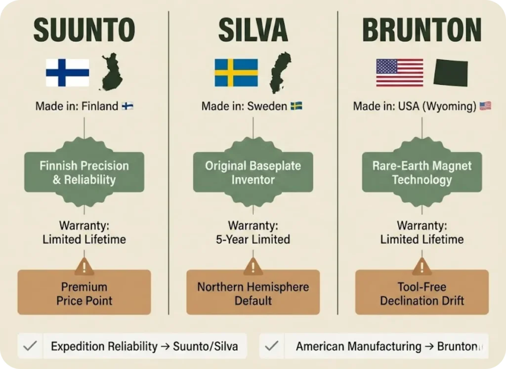 Three-column comparison infographic showing Suunto, Silva, and Brunton compass brands with country of manufacture, key differentiator, warranty type, and notable weakness for each brand.