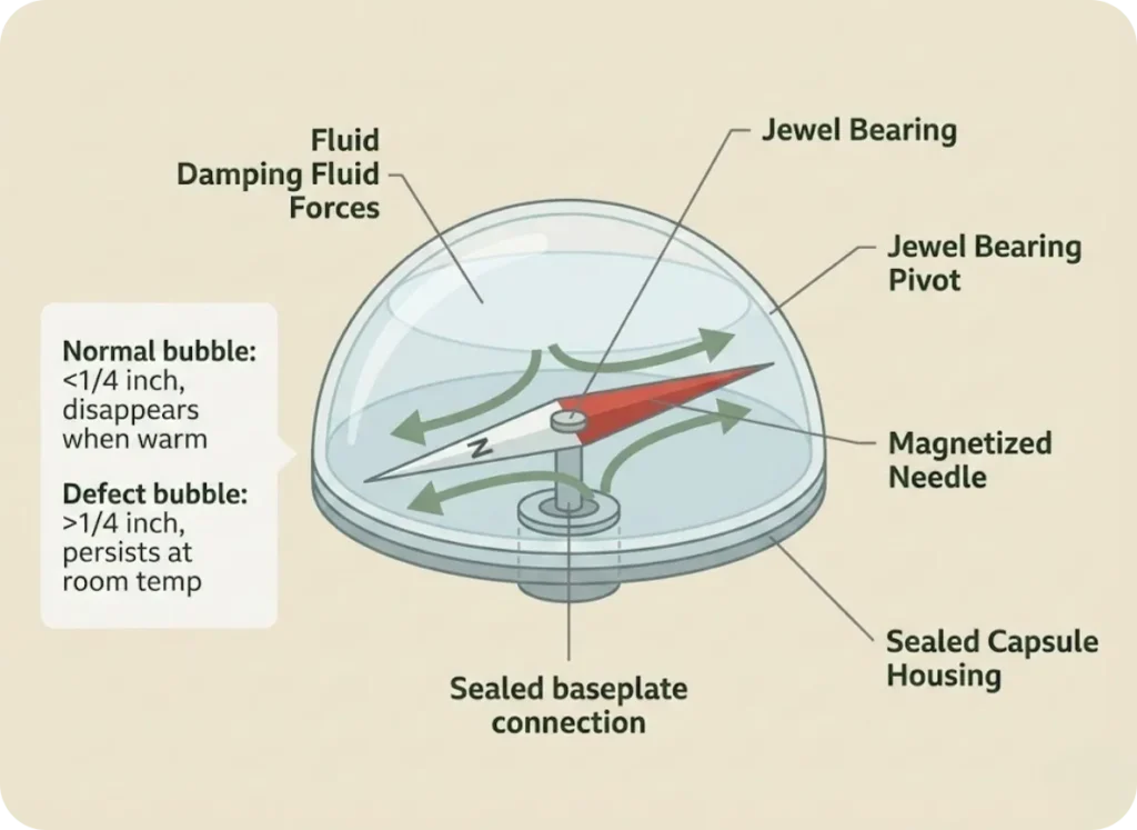 Cross-section diagram of a hiking compass capsule showing the liquid-filled chamber, jewel bearing pivot, magnetized needle, and directional arrows illustrating fluid damping forces during needle oscillation.