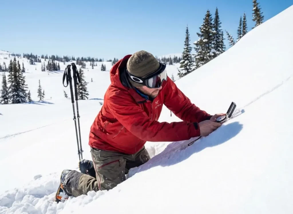 Backcountry skier using compass clinometer for avalanche slope assessment