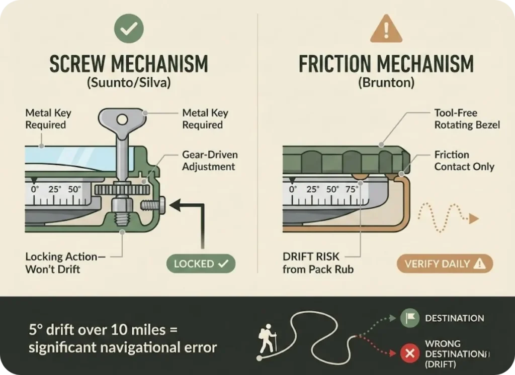 Side-by-side comparison infographic showing Suunto/Silva screw-type declination adjustment mechanism with locking action versus Brunton friction-based tool-free adjustment, with callouts explaining drift risk during backcountry use.
