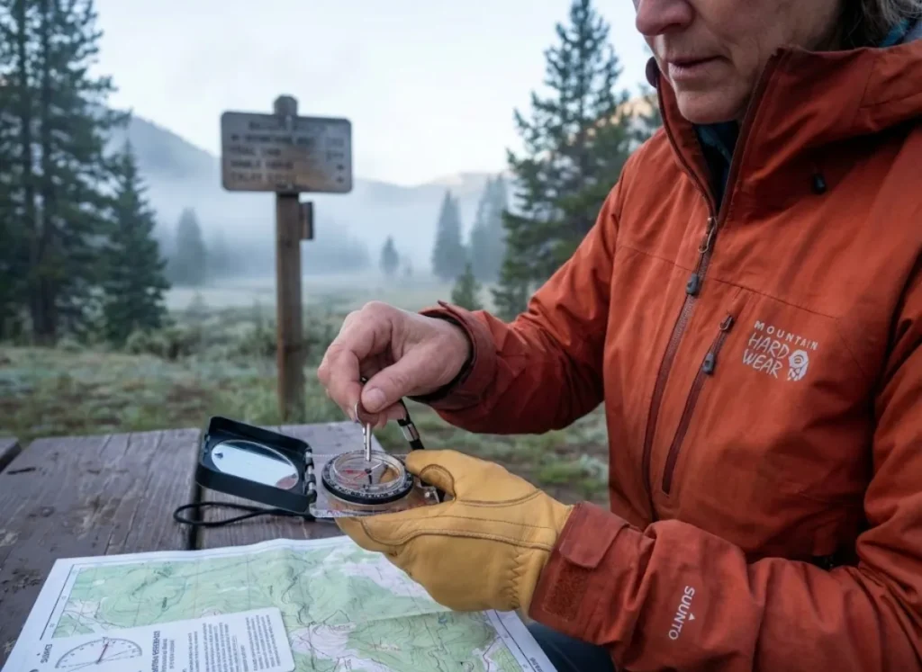 Mountaineer adjusting declination on Suunto compass at misty trailhead