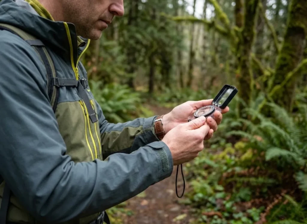 Hiker watching Silva compass needle settle in Pacific Northwest forest