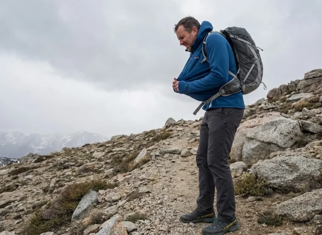 Hiker on exposed trail without wind protection showing convective heat loss from wind