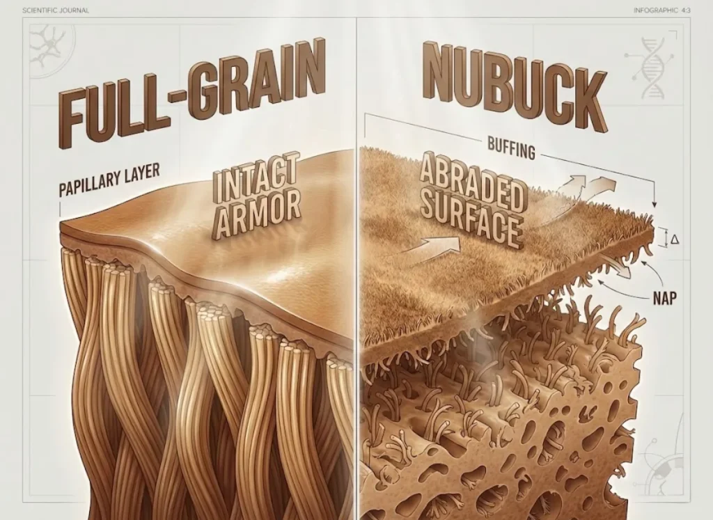 A split-screen microscopic cross-section diagram comparing Full-Grain leather with intact fibers against Nubuck leather with sanded, exposed fibers.