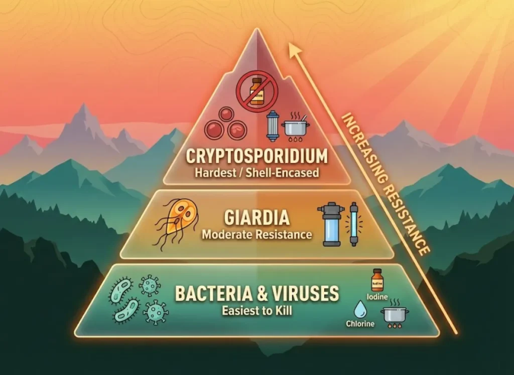A three-tiered pyramid infographic set against a mountain sunset, illustrating the resistance levels of waterborne pathogens from bacteria at the base to Cryptosporidium at the peak, featuring illustrated icons of treatments and pathogens.
