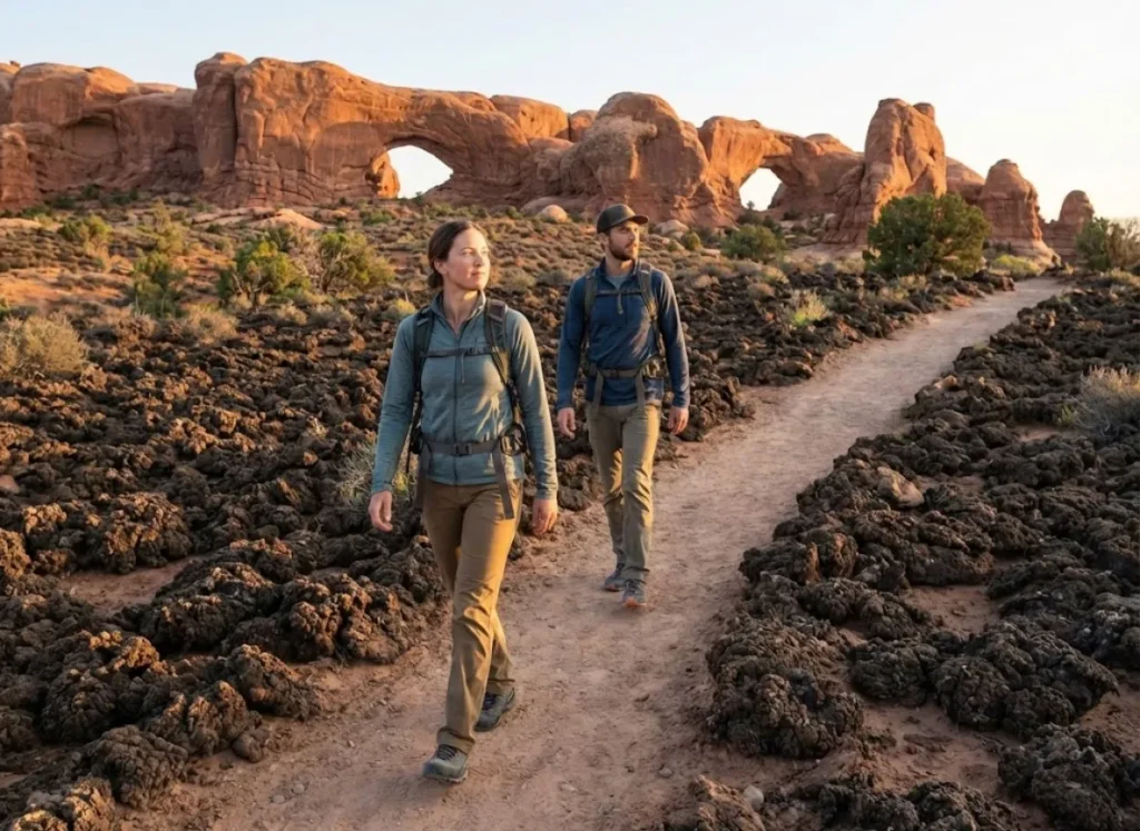 Hikers walking single file through biocrust area on Devils Garden trail Arches