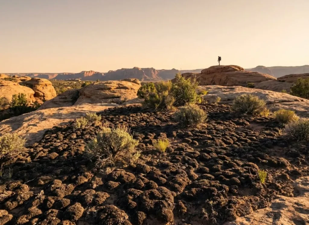Desert ecosystem showing native plants growing in cryptobiotic soil protected interspaces