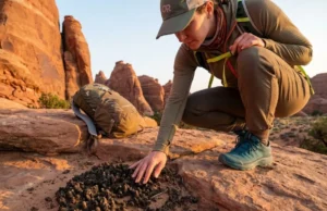 Cryptobiotic Soil: A Desert Hiker’s Field ID Guide Desert hiker examining cryptobiotic soil crust on Colorado Plateau near sandstone formations