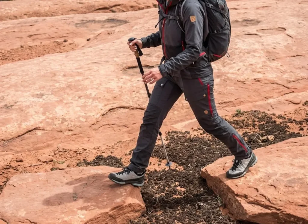 Hiker navigating between sandstone slabs to avoid stepping on cryptobiotic soil