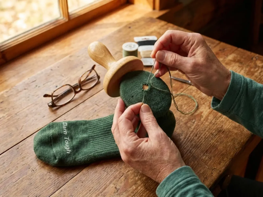 Close-up of skilled darning repair technique extending Darn Tough Merino wool hiking sock lifespan