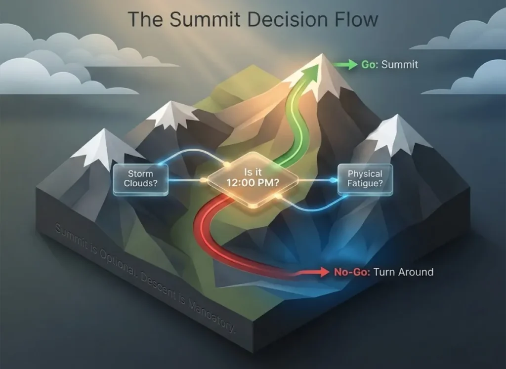 A premium 3D isometric flowchart illustrating the mountaineering 'Noon Rule.' The graphic visualizes a decision tree for hikers, assessing Time (12:00 PM), Weather, and Physical Condition to determine 'Go' or 'No-Go' outcomes.