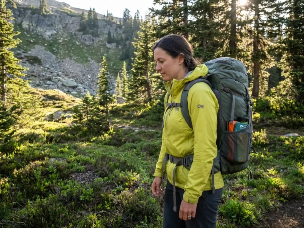 Backpacker assessing treeline transition between forest cathole zone and alpine pack-out terrain