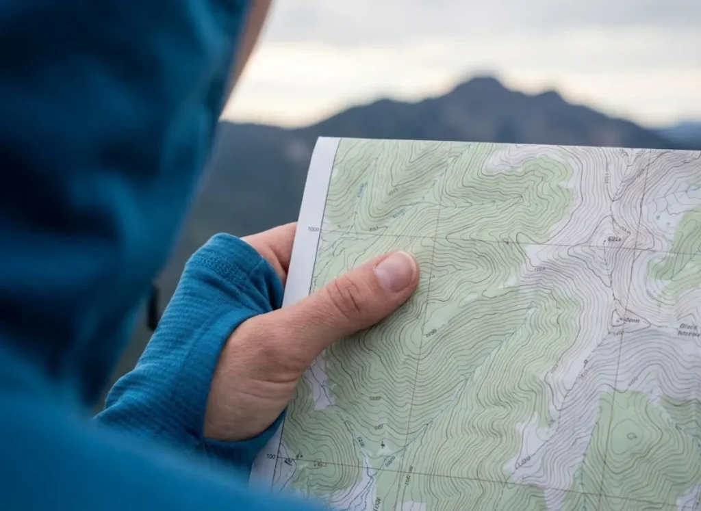 A hiker holding a topographic map against the landscape, matching the contour lines on the paper to the distant mountain peak.
