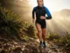 Deep Lugs Provide Traction on Muddy Slopes A low-angle, high-definition shot of a trail runner sprinting up a muddy slope, wearing Salomon gear, with sunlight backlighting flying mud particles while the runner remains pristine.
