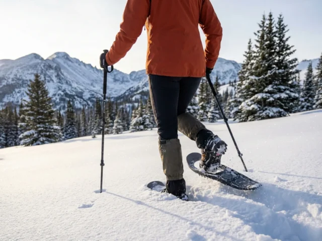 deep-powder-gaiters-snowshoeing-action Snowshoer breaking trail through deep powder showing knee-high gaiters protecting against snow entry