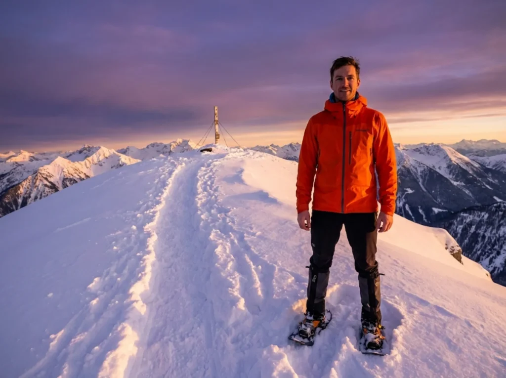 Hiker at winter summit with full gear visible after successful deep powder climb with reliable gaiters