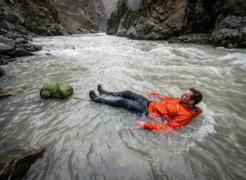Hiker demonstrating defensive swimming position with feet downstream after losing footing