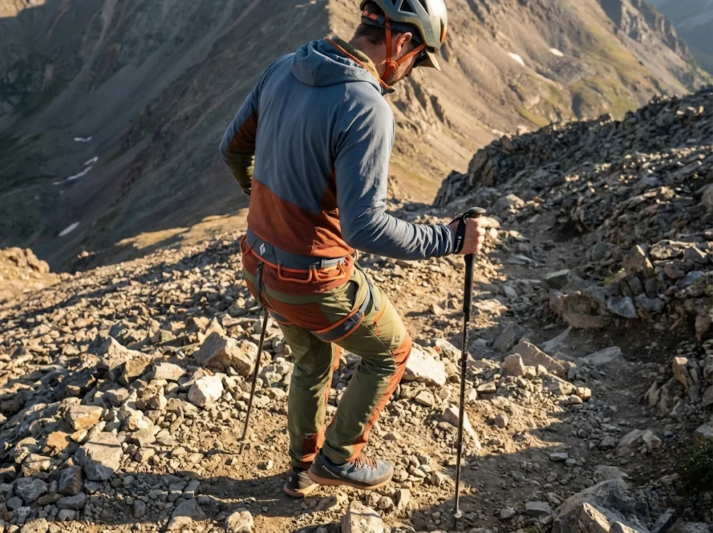 Exhausted hiker descending steep rocky trail demonstrating why most accidents occur on descent