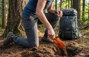 How to Dig a Proper Cathole for Human Waste Disposal Backpacker digging cathole with trowel in Pacific Northwest forest during morning light