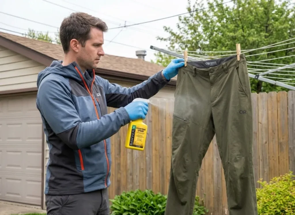 Hiker applying Sawyer permethrin spray to hiking pants on clothesline for DIY treatment