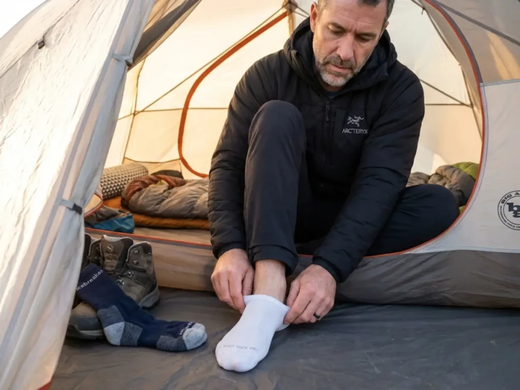Backpacker demonstrating double sock system layering liner sock under hiking sock