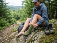 Double Sock System vs Single Layer: What 500 Miles Taught Me Hiker changing hiking socks on trail to prevent blisters during long-distance backpacking