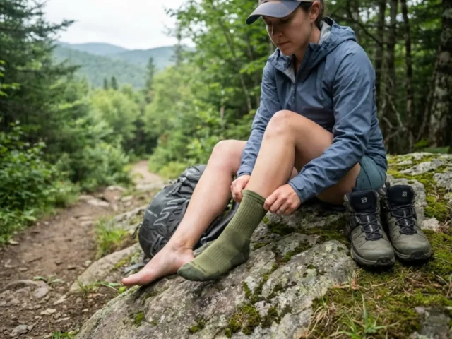double-sock-system-hiker-changing-socks Hiker changing hiking socks on trail to prevent blisters during long-distance backpacking