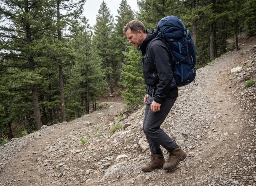 Hiker descending steep gravel trail demonstrating heel slippage mechanics on downhill terrain