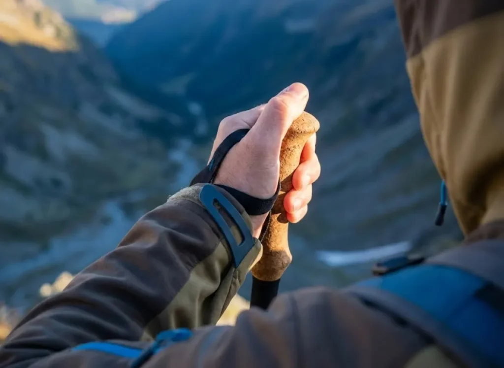 Close up of hiker's hand palming the top of a trekking pole grip during a steep descent to protect knees.