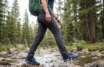 Hiking Shoes Drainage Holes: What Works & What Doesn’t Hiker crossing stream in Astral Brewer drainage shoes with water actively draining from ports