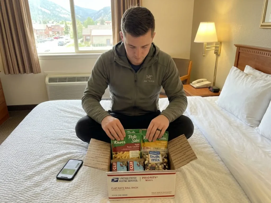 Thru-hiker packing drift box resupply with bulk food from Walmart in hotel room for forward mailing