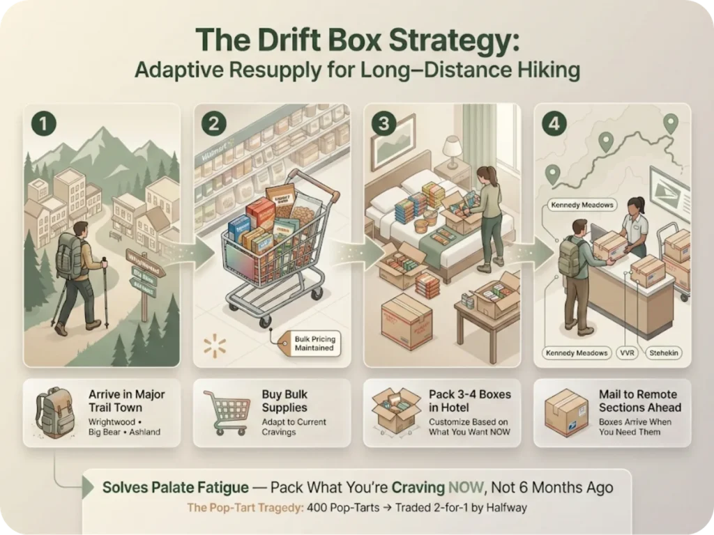 Four-step visual timeline showing the drift box resupply strategy for long-distance hikers: arriving in trail town, buying bulk supplies, packing boxes, and mailing forward to remote sections.