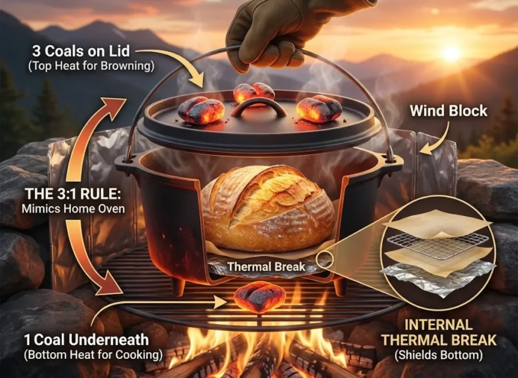 A cross-section illustration of a cast iron Dutch oven at a campsite, detailing the "3:1 Rule" for baking. Three hot coals are on the lid, labeled '3 Coals on Lid (Top Heat for Browning)', and one coal is underneath, labeled '1 Coal Underneath (Bottom Heat for Cooking)'. Inside the pot, a loaf of bread bakes on a layered thermal break, labeled 'INTERNAL THERMAL BREAK (Shields Bottom)'. A gloved hand with a lid lifter is checking the bread. A wind barrier is in the background.