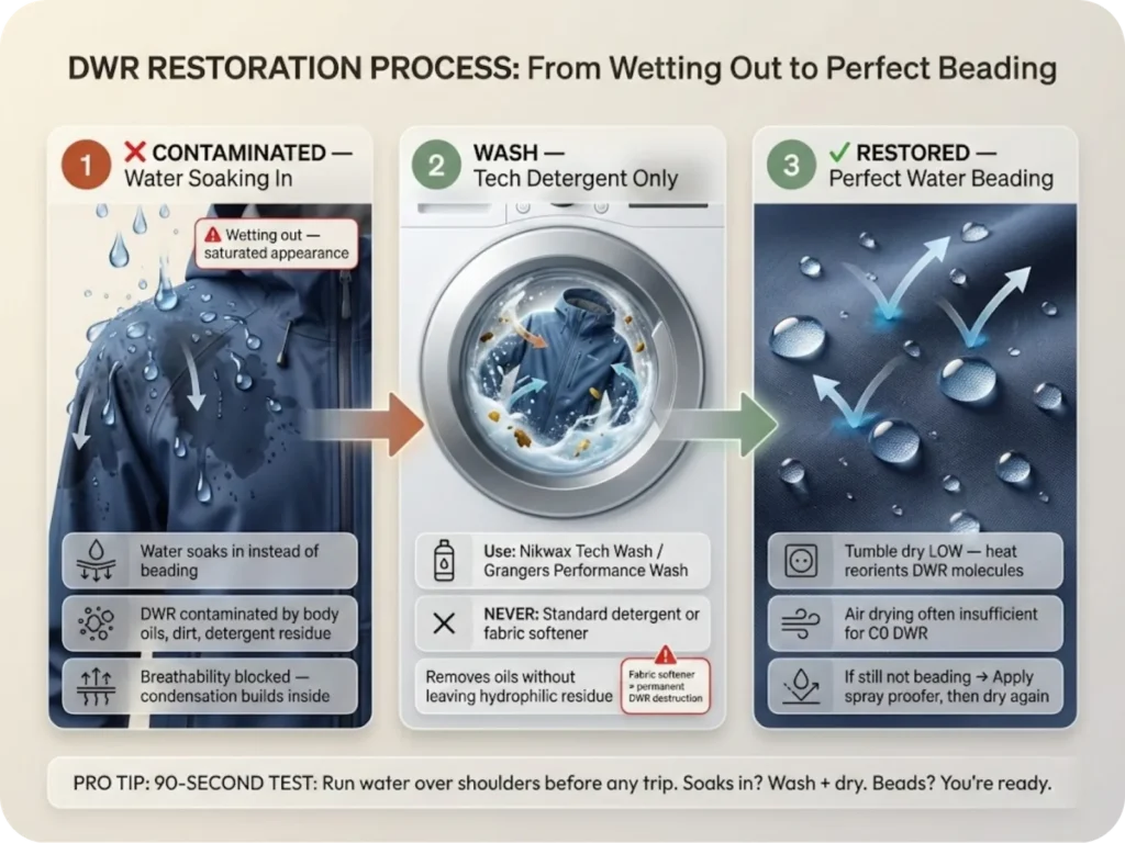 Three-panel sequence showing DWR restoration: contaminated shell with water soaking in, washing with technical detergent, and restored water beading after tumble drying.