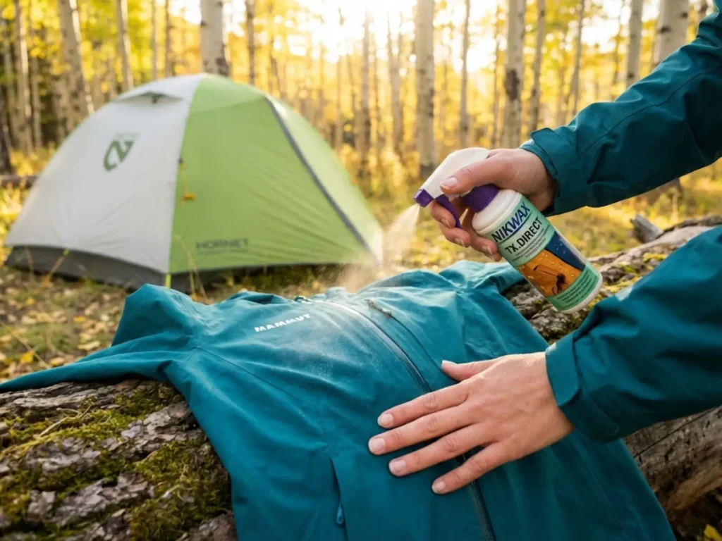 Applying DWR waterproofing spray to rain jacket during backcountry gear maintenance