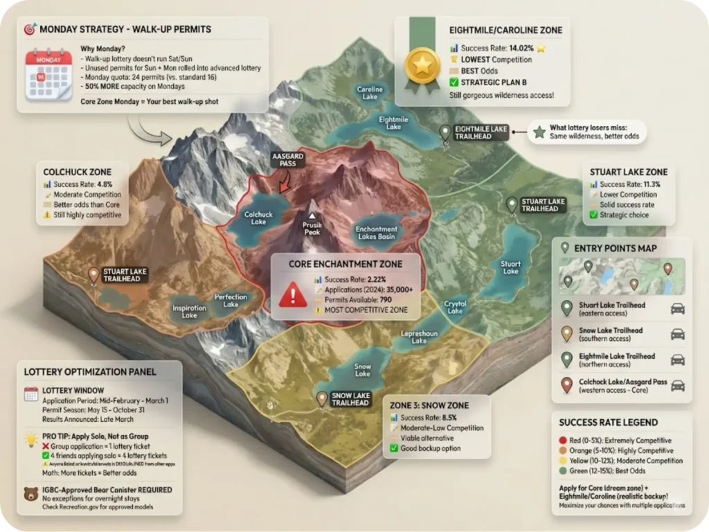 Enchantments wilderness permit zone map showing five zones with lottery success rates, Monday strategy callout, and trailhead entry points.