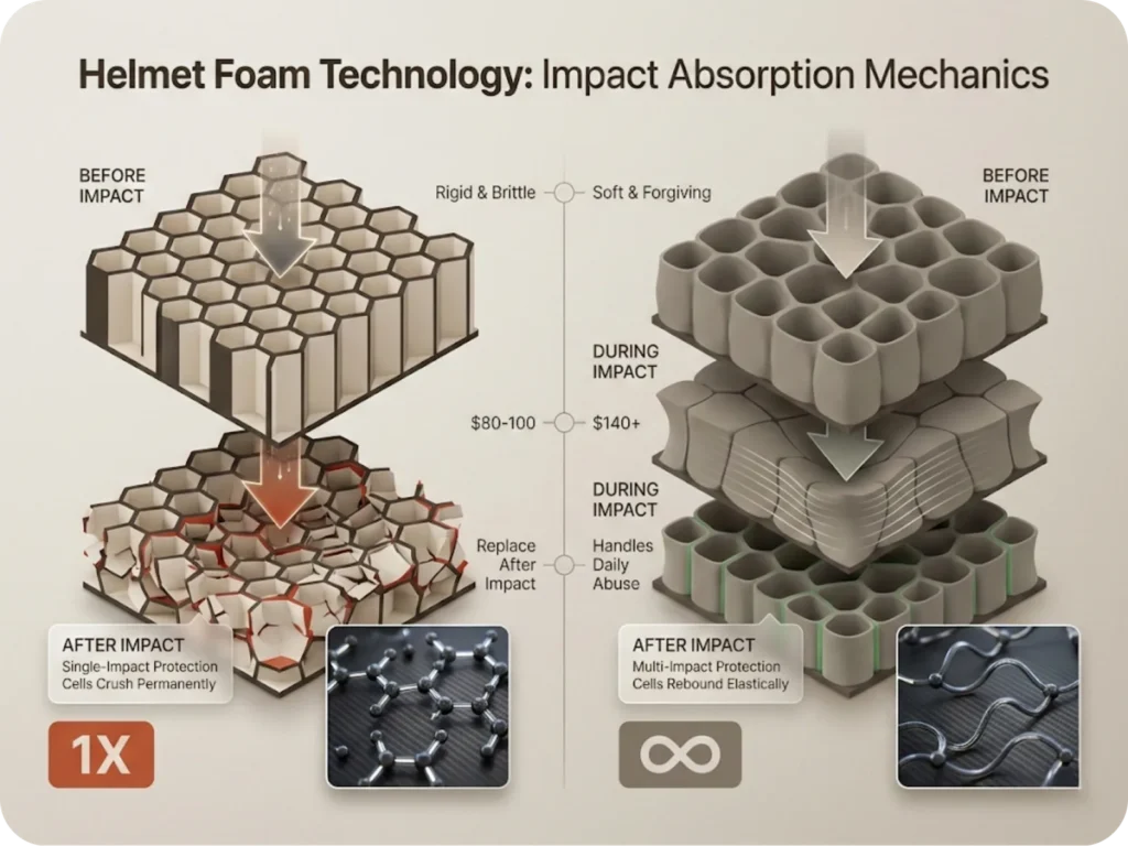 Cross-section technical diagram comparing EPS and EPP foam cellular structure, showing permanent crushing versus elastic rebound behavior during helmet impacts.