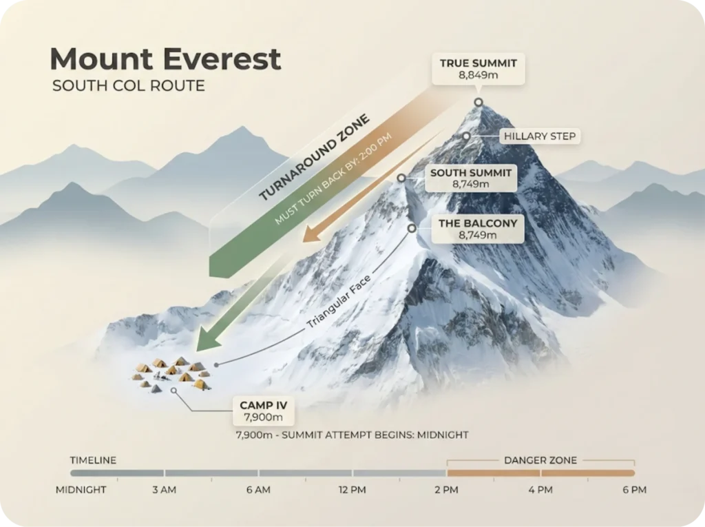 Educational infographic of Mount Everest's South Col route showing Camp IV location at 8,000 meters and the critical 2 PM turnaround zone marked between the summit and high camp.