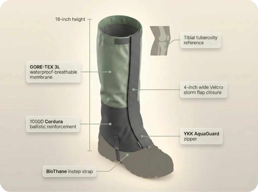 Annotated product anatomy infographic of an 18-inch expedition gaiter showing 1000D Cordura lower section, GORE-TEX 3L upper, BioThane instep strap, Velcro closure system, and height measurement with tibial tuberosity reference point.