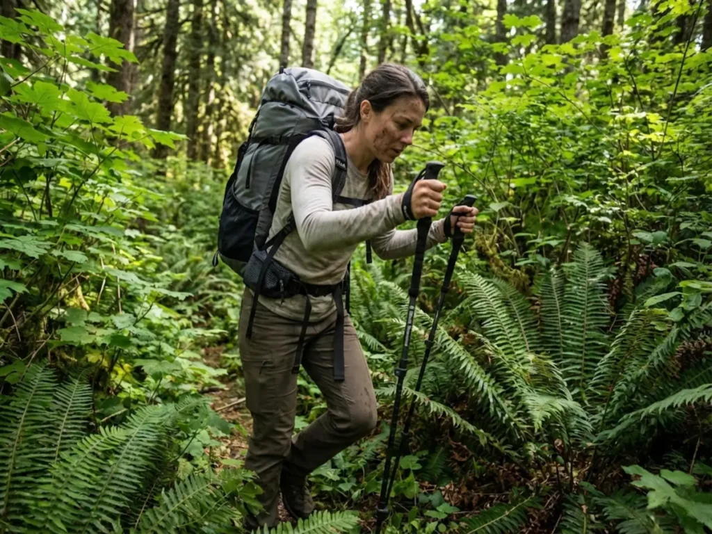 Hiker bushwhacking through overgrown Pacific Northwest Trail section in dense rainforest
