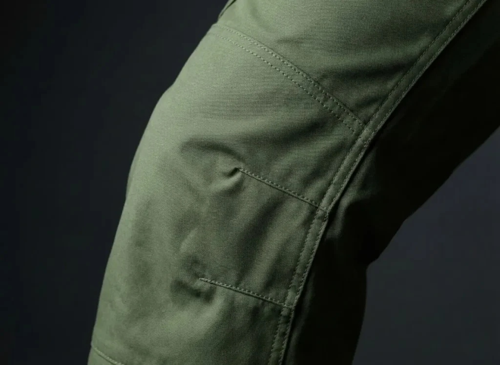Macro detail shot of the stitching and fabric darts on the knee of technical hiking pants, showing the 3D engineering.