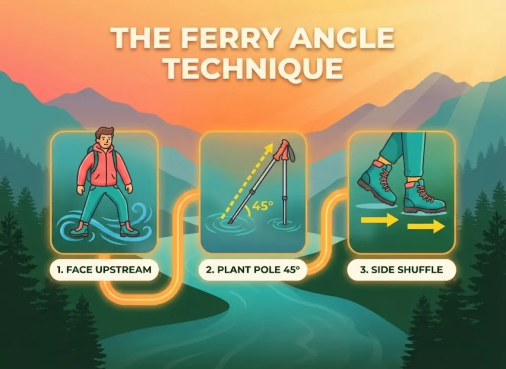 A 3-step illustrated guide on the Ferry Angle river crossing technique, featuring a hiker character demonstrating proper stance, pole placement, and side-shuffle movement against a mountain sunset background.