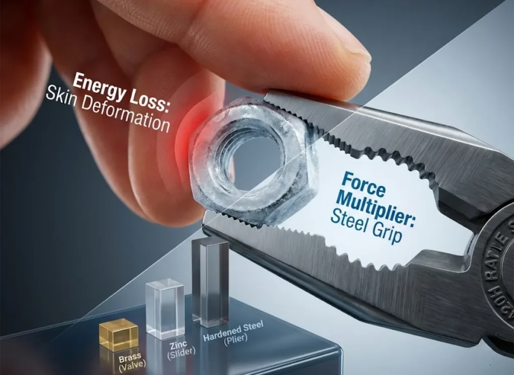 A split-screen macro comparison showing a human finger deforming against a metal nut versus needle-nose pliers gripping it firmly. A hardness chart at the bottom compares Brass, Zinc, and Steel.