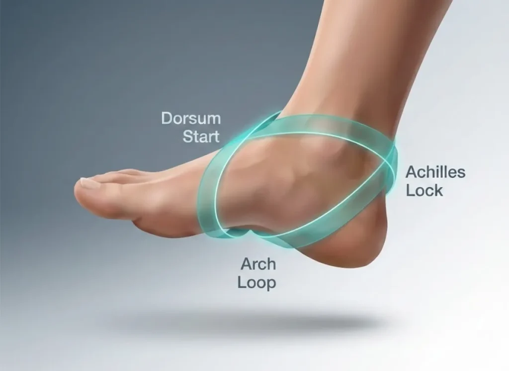 A 3D technical illustration showing a hiker's foot with a glowing directional path demonstrating the Figure-Eight taping method, highlighting the loop under the arch and around the Achilles tendon.